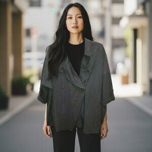 Oddy Womens Large Blue Double Neutral Lagenlook Jacket Coat L Oversized